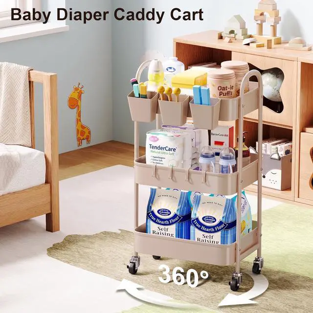 Alt view image 2 of 7 - 3 Tier Khaki Metal Utility Rolling Cart, Storage Cart with Lockable Wheels Multifunctional Organizer Trolley with Mesh Storage Baskets and Handle for Kitchen, Office, Living Room, Laundry, Garage,Dorm