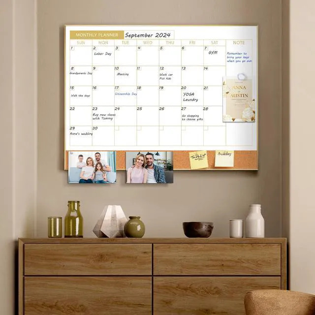 Alt view image 7 of 7 - Dry Erase Calendar Whiteboard Cork Board Combo 24"x18" Magnetic White Board Calendar Dry Erase for Wall, Gold Frame Monthly Combination Board for Office, Home, School