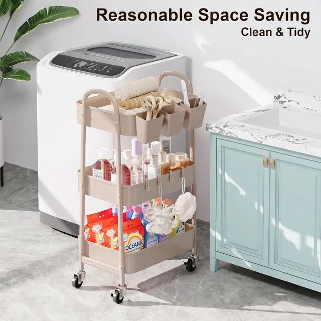 Alt view image 3 of 7 - 3 Tier Khaki Metal Utility Rolling Cart, Storage Cart with Lockable Wheels Multifunctional Organizer Trolley with Mesh Storage Baskets and Handle for Kitchen, Office, Living Room, Laundry, Garage,Dorm