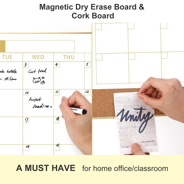 Alt view image 2 of 7 - Dry Erase Calendar Whiteboard Cork Board Combo 24"x18" Magnetic White Board Calendar Dry Erase for Wall, Gold Frame Monthly Combination Board for Office, Home, School