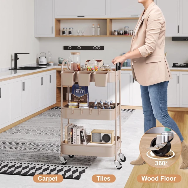 Alt view image 4 of 7 - 3 Tier Khaki Metal Utility Rolling Cart, Storage Cart with Lockable Wheels Multifunctional Organizer Trolley with Mesh Storage Baskets and Handle for Kitchen, Office, Living Room, Laundry, Garage,Dorm