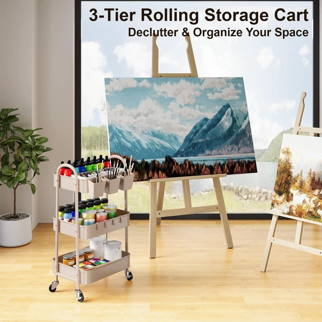 Alt view image 7 of 7 - 3 Tier Khaki Metal Utility Rolling Cart, Storage Cart with Lockable Wheels Multifunctional Organizer Trolley with Mesh Storage Baskets and Handle for Kitchen, Office, Living Room, Laundry, Garage,Dorm