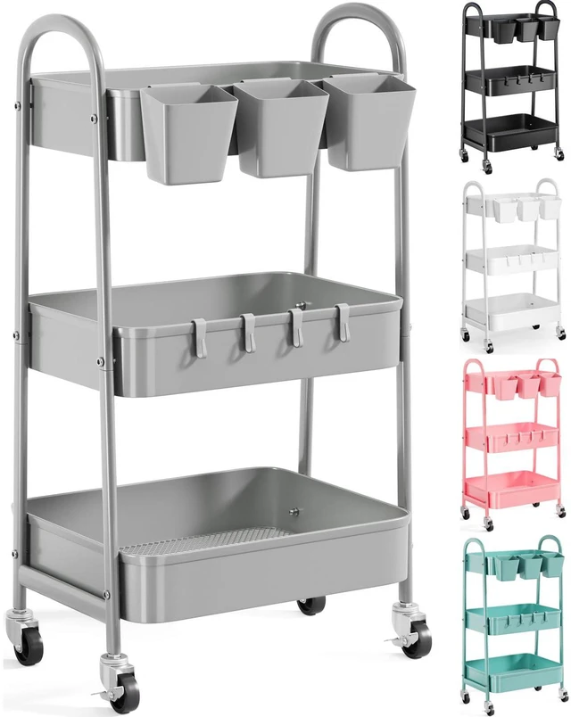 Main image of 3 Tier Gray Metal Rolling Cart, Storage Cart with Handle & Lockable Wheels Multifunctional Three Tiered Utility Organizer Carts for Kitchen, Office, Bathroom, Craft, Art,Snack,Baby Supplies,Mesh Shelf