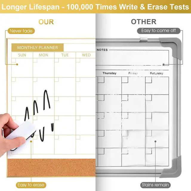 Alt view image 5 of 7 - Dry Erase Calendar Whiteboard Cork Board Combo 24"x18" Magnetic White Board Calendar Dry Erase for Wall, Gold Frame Monthly Combination Board for Office, Home, School