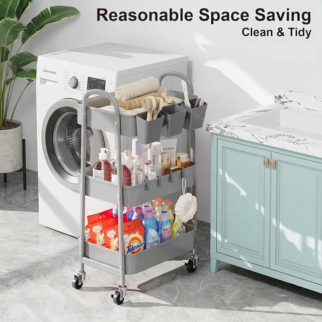 Alt view image 2 of 7 - 3 Tier Gray Metal Rolling Cart, Storage Cart with Handle & Lockable Wheels Multifunctional Three Tiered Utility Organizer Carts for Kitchen, Office, Bathroom, Craft, Art,Snack,Baby Supplies,Mesh Shelf