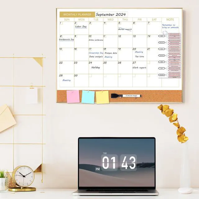 Alt view image 4 of 7 - Dry Erase Calendar Whiteboard Cork Board Combo 24"x18" Magnetic White Board Calendar Dry Erase for Wall, Gold Frame Monthly Combination Board for Office, Home, School