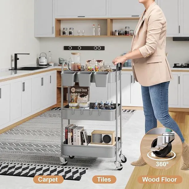 Alt view image 3 of 7 - 3 Tier Gray Metal Rolling Cart, Storage Cart with Handle & Lockable Wheels Multifunctional Three Tiered Utility Organizer Carts for Kitchen, Office, Bathroom, Craft, Art,Snack,Baby Supplies,Mesh Shelf