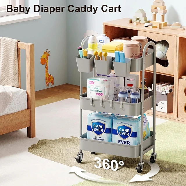 Alt view image 4 of 7 - 3 Tier Gray Metal Rolling Cart, Storage Cart with Handle & Lockable Wheels Multifunctional Three Tiered Utility Organizer Carts for Kitchen, Office, Bathroom, Craft, Art,Snack,Baby Supplies,Mesh Shelf