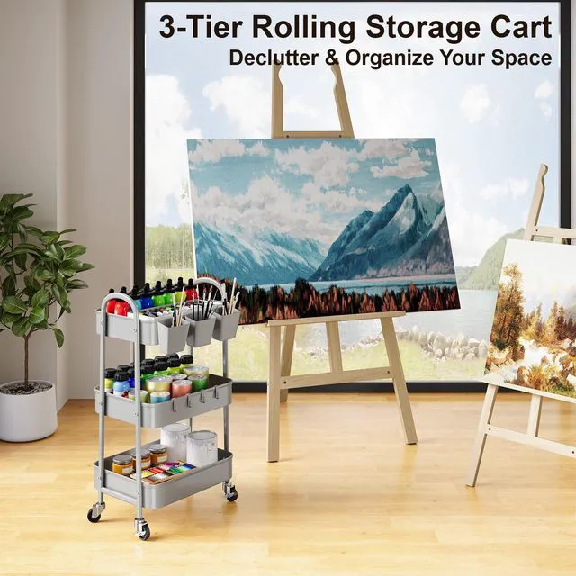 Alt view image 5 of 7 - 3 Tier Gray Metal Rolling Cart, Storage Cart with Handle & Lockable Wheels Multifunctional Three Tiered Utility Organizer Carts for Kitchen, Office, Bathroom, Craft, Art,Snack,Baby Supplies,Mesh Shelf