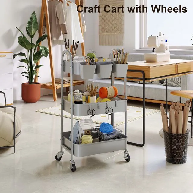 Alt view image 6 of 7 - 3 Tier Gray Metal Rolling Cart, Storage Cart with Handle & Lockable Wheels Multifunctional Three Tiered Utility Organizer Carts for Kitchen, Office, Bathroom, Craft, Art,Snack,Baby Supplies,Mesh Shelf