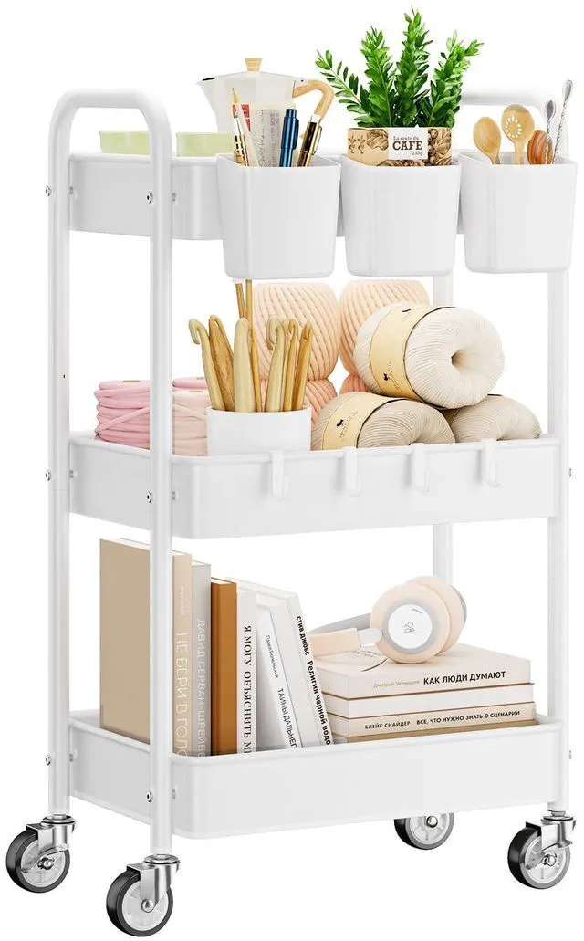 Main image of 3 Tier Rolling Cart, Heavy Duty Metal Utility Cart with Wheel White Sturdy Rolling Storage Cart With Hooks & Hanging Cups, Great For Craft, Art Workspace, Kitchen,Snack And Office Storage