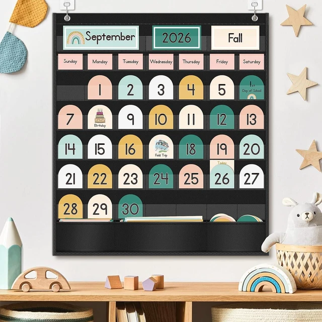 Alt view image 3 of 7 - Boho Calendar Pocket Chart with 90 Cards for Kids Learning,Classroom and Home School Décor,Black