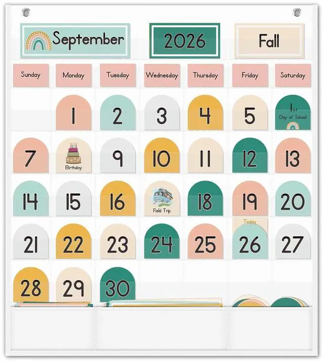 Main image of Boho Calendar Pocket Chart with 90 Cards for Kids Learning,Classroom and Home School Décor,White