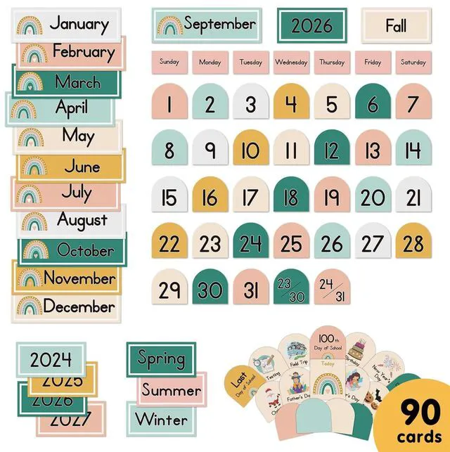 Alt view image 2 of 7 - Boho Calendar Pocket Chart with 90 Cards for Kids Learning,Classroom and Home School Décor,White
