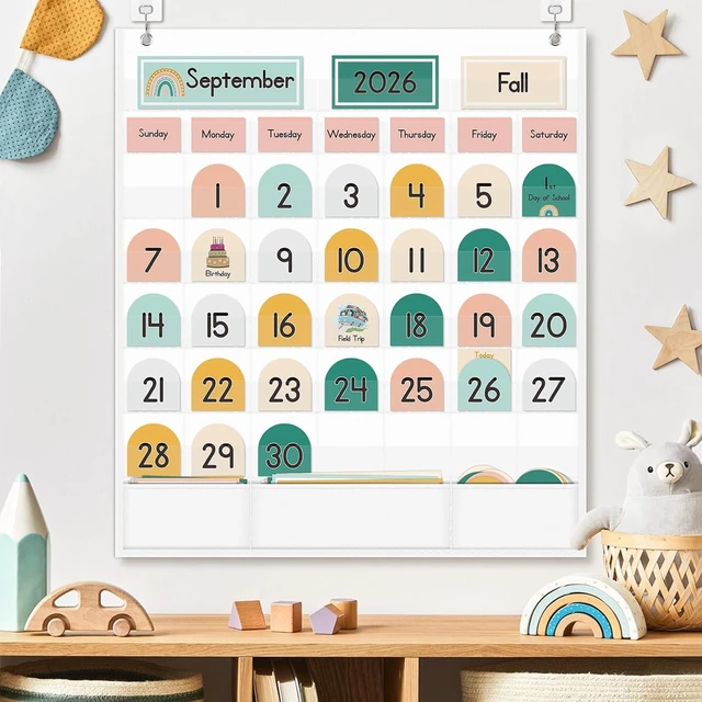 Alt view image 3 of 7 - Boho Calendar Pocket Chart with 90 Cards for Kids Learning,Classroom and Home School Décor,White