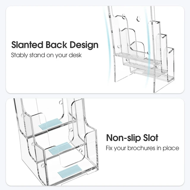 Alt view image 2 of 6 - 3 Tier Brochure Holder, 4 Inch Wide Acrylic Display, 4 Pack Clear Acrylic Material, 3 Tier Display, Wall Mount or Countertop Use, Easy Brochure Access, Fits Trifold Brochures or Flyers