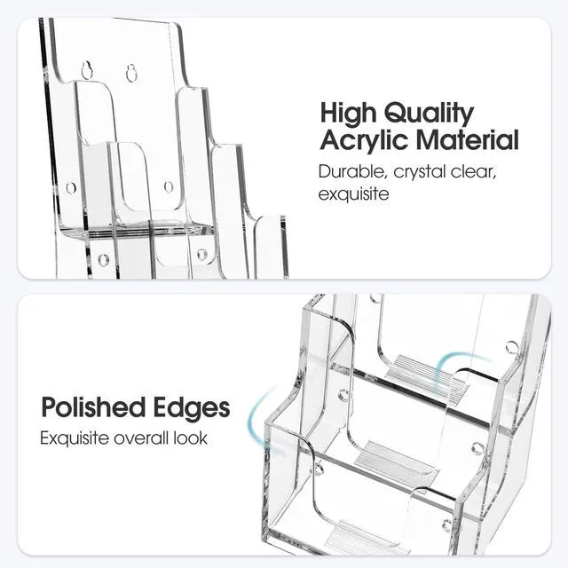 Alt view image 3 of 6 - 3 Tier Brochure Holder, 4 Inch Wide Acrylic Display, 4 Pack Clear Acrylic Material, 3 Tier Display, Wall Mount or Countertop Use, Easy Brochure Access, Fits Trifold Brochures or Flyers