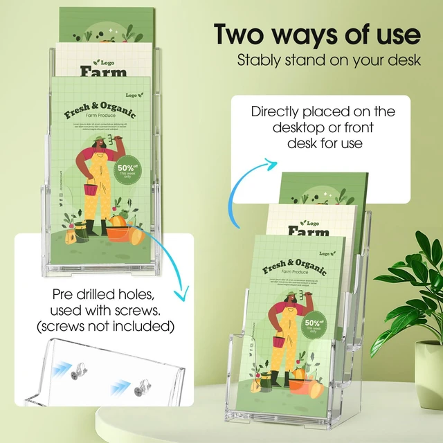 Alt view image 5 of 6 - 3 Tier Acrylic Brochure Holder, 4 Inch Wide Pamphlet Holder, 6 Pack Clear Acrylic Material, 3 Tier Display, Wall Mount or Countertop Use, Easy Brochure Access, Fits Trifold Brochures or Flyers