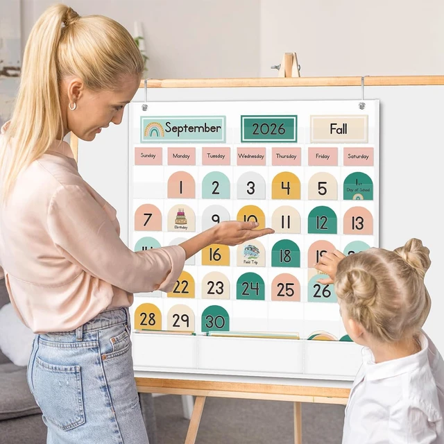 Alt view image 6 of 7 - Boho Calendar Pocket Chart with 90 Cards for Kids Learning,Classroom and Home School Décor,White