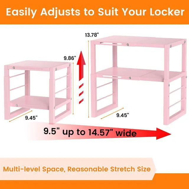 Alt view image 2 of 7 - Locker Organizer Shelf Pink, Adjustable Width and Height, Stackable Metal Locker Storage Organization, Ideal Locker Fits Standard Size School, Office, and Gym Lockers