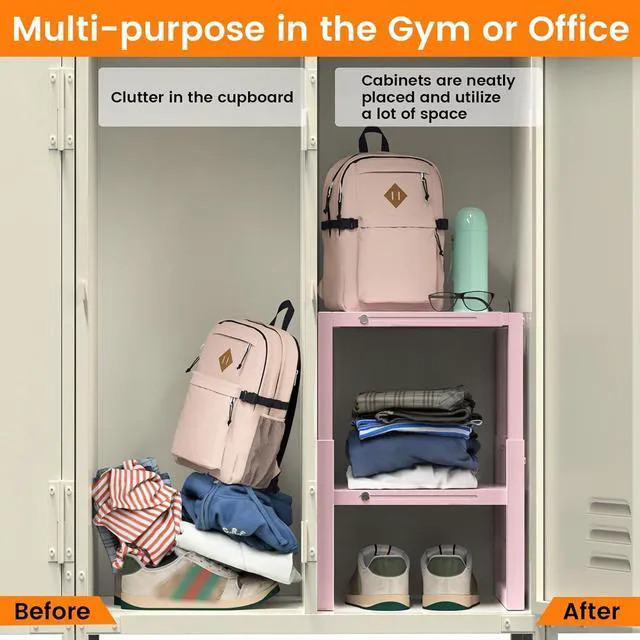 Alt view image 6 of 7 - Locker Organizer Shelf Pink, Adjustable Width and Height, Stackable Metal Locker Storage Organization, Ideal Locker Fits Standard Size School, Office, and Gym Lockers
