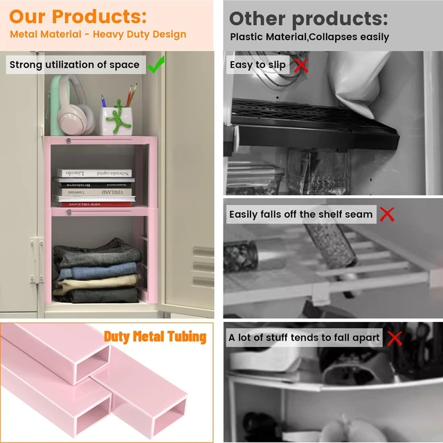 Alt view image 5 of 7 - Locker Organizer Shelf Pink, Adjustable Width and Height, Stackable Metal Locker Storage Organization, Ideal Locker Fits Standard Size School, Office, and Gym Lockers