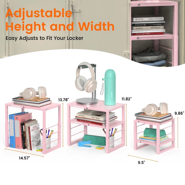 Alt view image 7 of 7 - Locker Organizer Shelf Pink, Adjustable Width and Height, Stackable Metal Locker Storage Organization, Ideal Locker Fits Standard Size School, Office, and Gym Lockers