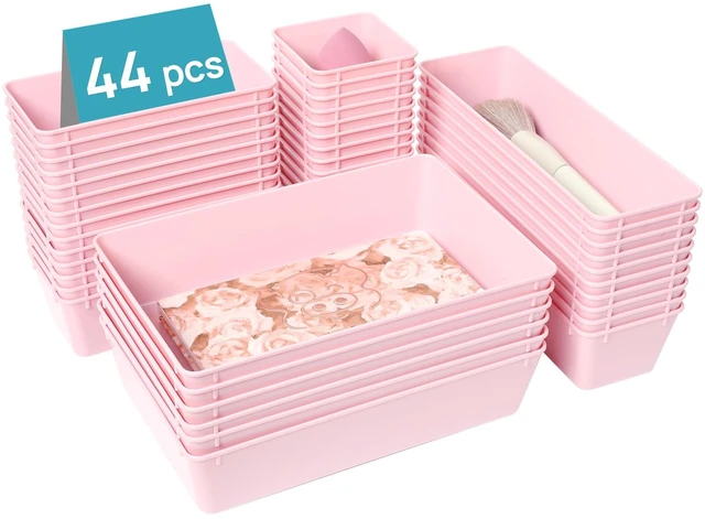 Main image of 44 PCS Plastic Drawer Organizers Set, Vanity Organizer Trays, Pink 4-Size Versatile Makeup Organizer, Non-Slip Storage Containers for Makeup, Jewelries, BedroomKitchen Utensils and Office