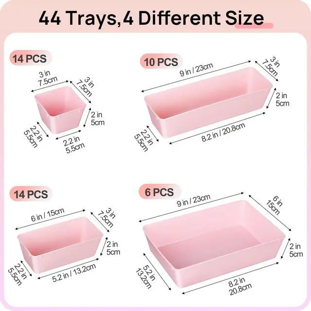 Alt view image 2 of 7 - 44 PCS Plastic Drawer Organizers Set, Vanity Organizer Trays, Pink 4-Size Versatile Makeup Organizer, Non-Slip Storage Containers for Makeup, Jewelries, BedroomKitchen Utensils and Office