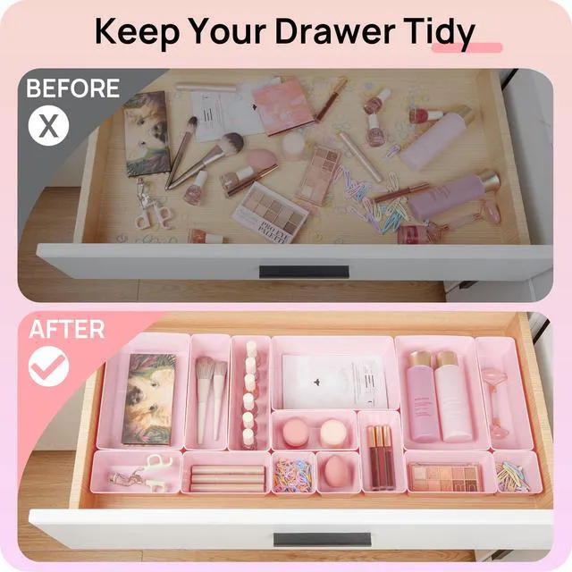 Alt view image 3 of 7 - 44 PCS Plastic Drawer Organizers Set, Vanity Organizer Trays, Pink 4-Size Versatile Makeup Organizer, Non-Slip Storage Containers for Makeup, Jewelries, BedroomKitchen Utensils and Office