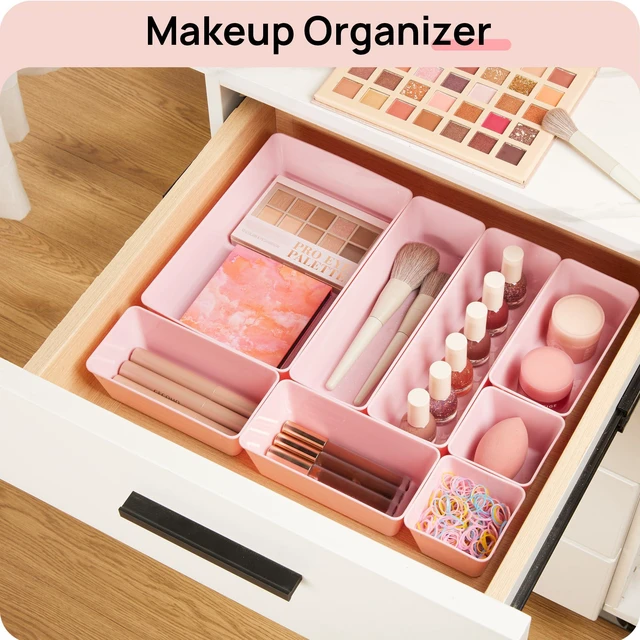 Alt view image 4 of 7 - 44 PCS Plastic Drawer Organizers Set, Vanity Organizer Trays, Pink 4-Size Versatile Makeup Organizer, Non-Slip Storage Containers for Makeup, Jewelries, BedroomKitchen Utensils and Office
