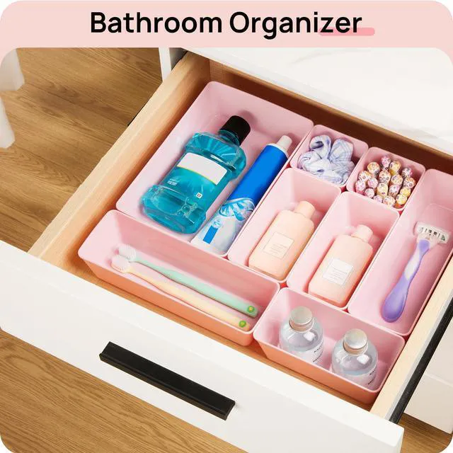 Alt view image 5 of 7 - 44 PCS Plastic Drawer Organizers Set, Vanity Organizer Trays, Pink 4-Size Versatile Makeup Organizer, Non-Slip Storage Containers for Makeup, Jewelries, BedroomKitchen Utensils and Office