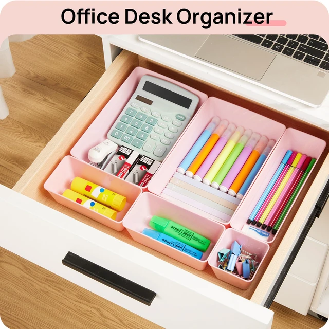 Alt view image 6 of 7 - 44 PCS Plastic Drawer Organizers Set, Vanity Organizer Trays, Pink 4-Size Versatile Makeup Organizer, Non-Slip Storage Containers for Makeup, Jewelries, BedroomKitchen Utensils and Office