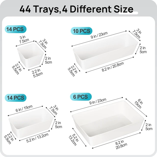 Alt view image 2 of 7 - 44 PCS Plastic Drawer Organizer Set, Vanity Organizer Trays, White 4-Size Versatile Makeup Organizer, Non-Slip Storage Containers for Makeup, Jewelries, BedroomKitchen Utensils and Office