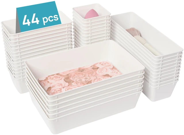 Main image of 44 PCS Plastic Drawer Organizer Set, Vanity Organizer Trays, White 4-Size Versatile Makeup Organizer, Non-Slip Storage Containers for Makeup, Jewelries, BedroomKitchen Utensils and Office