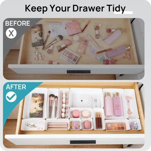 Alt view image 3 of 7 - 44 PCS Plastic Drawer Organizer Set, Vanity Organizer Trays, White 4-Size Versatile Makeup Organizer, Non-Slip Storage Containers for Makeup, Jewelries, BedroomKitchen Utensils and Office