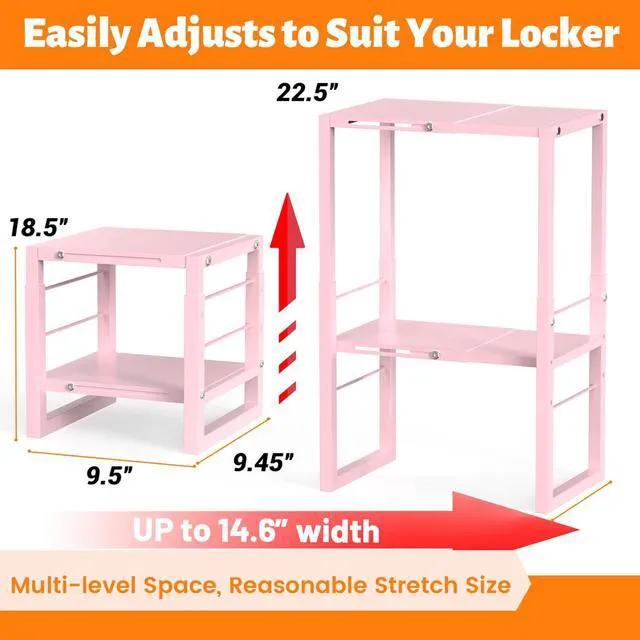 Alt view image 3 of 6 - Locker Organizer Shelf Pink, Metal Adjustable Width and Height, Ideal Locker for School, Office, and Gym Lockers, Locker Shelves Organization Accessories