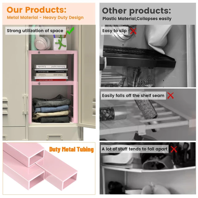 Alt view image 4 of 6 - Locker Organizer Shelf Pink, Metal Adjustable Width and Height, Ideal Locker for School, Office, and Gym Lockers, Locker Shelves Organization Accessories
