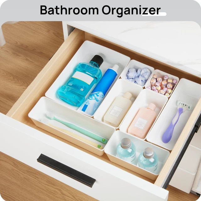 Alt view image 5 of 7 - 44 PCS Plastic Drawer Organizer Set, Vanity Organizer Trays, White 4-Size Versatile Makeup Organizer, Non-Slip Storage Containers for Makeup, Jewelries, BedroomKitchen Utensils and Office