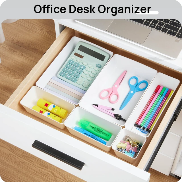 Alt view image 6 of 7 - 44 PCS Plastic Drawer Organizer Set, Vanity Organizer Trays, White 4-Size Versatile Makeup Organizer, Non-Slip Storage Containers for Makeup, Jewelries, BedroomKitchen Utensils and Office
