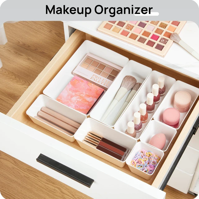 Alt view image 4 of 7 - 44 PCS Plastic Drawer Organizer Set, Vanity Organizer Trays, White 4-Size Versatile Makeup Organizer, Non-Slip Storage Containers for Makeup, Jewelries, BedroomKitchen Utensils and Office