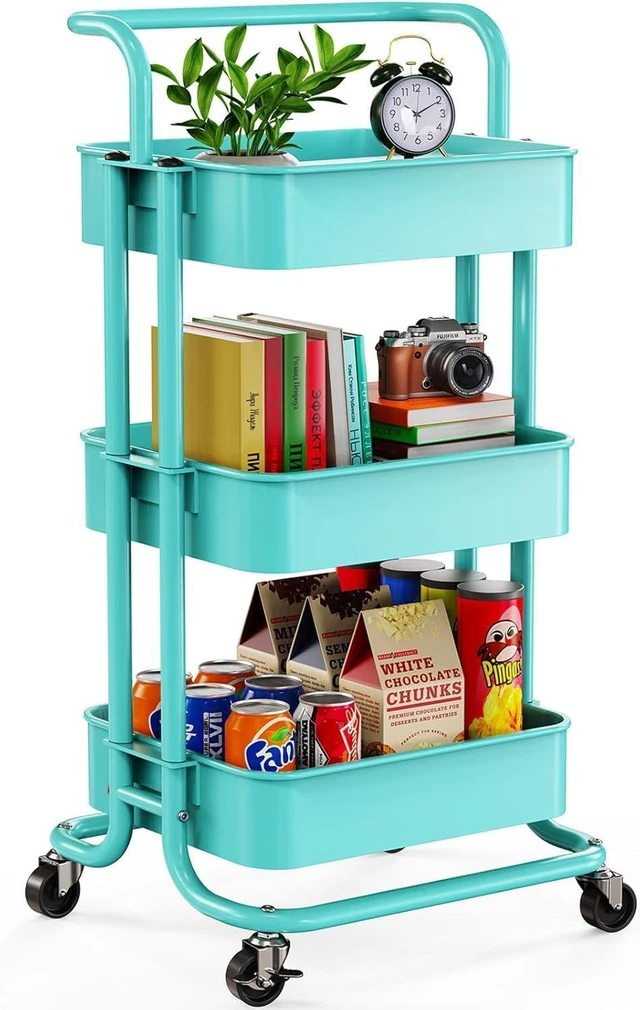 Main image of Metal 3 Tier Rolling Cart with Handle & Wheels, Turquoise Four Large 2" Wheels for Easier Movement, Sturdy Metal, Hold 22 lbs per Shelf, Ventilated Mesh Design, for Office and Kitchen