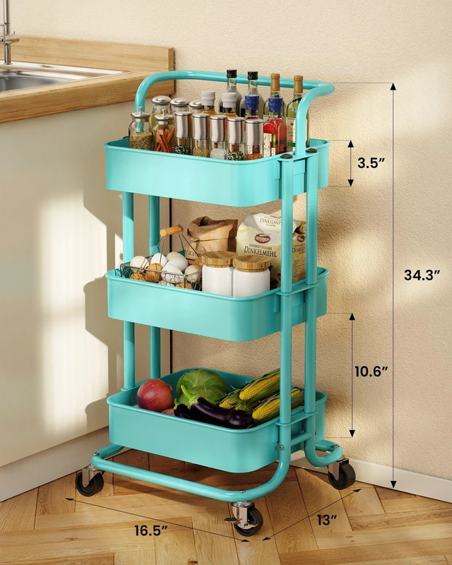 Alt view image 3 of 7 - Metal 3 Tier Rolling Cart with Handle & Wheels, Turquoise Four Large 2" Wheels for Easier Movement, Sturdy Metal, Hold 22 lbs per Shelf, Ventilated Mesh Design, for Office and Kitchen