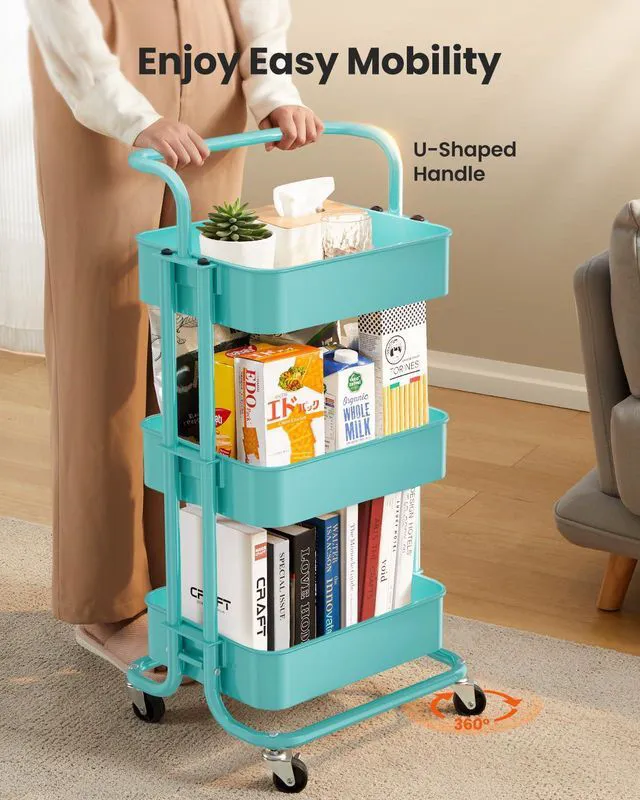 Alt view image 4 of 7 - Metal 3 Tier Rolling Cart with Handle & Wheels, Turquoise Four Large 2" Wheels for Easier Movement, Sturdy Metal, Hold 22 lbs per Shelf, Ventilated Mesh Design, for Office and Kitchen