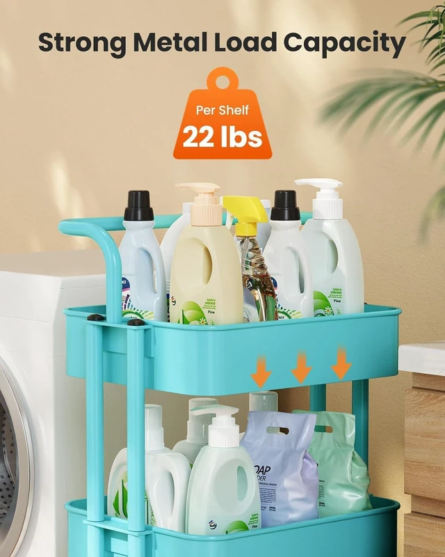 Alt view image 6 of 7 - Metal 3 Tier Rolling Cart with Handle & Wheels, Turquoise Four Large 2" Wheels for Easier Movement, Sturdy Metal, Hold 22 lbs per Shelf, Ventilated Mesh Design, for Office and Kitchen