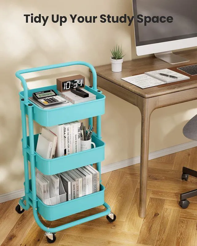 Alt view image 7 of 7 - Metal 3 Tier Rolling Cart with Handle & Wheels, Turquoise Four Large 2" Wheels for Easier Movement, Sturdy Metal, Hold 22 lbs per Shelf, Ventilated Mesh Design, for Office and Kitchen