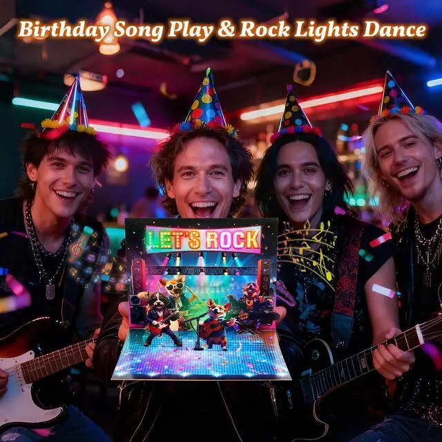 Alt view image 2 of 7 - 3D Pop Up Birthday Card, Dog Musical Birthday Card with Lights Play Birthday Song, Rock Dog Band, Funny Happy Birthday Card, Lights Dance, Birthday Gift For Women Men Kids Dad Father