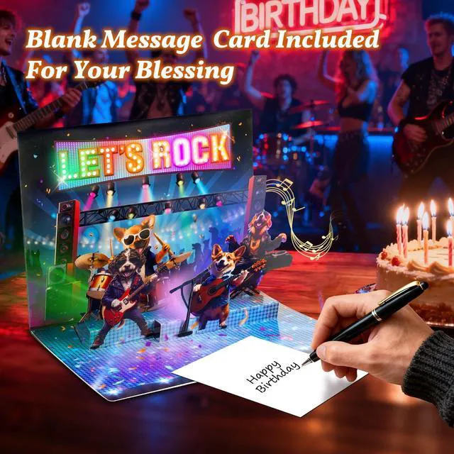 Alt view image 5 of 7 - 3D Pop Up Birthday Card, Dog Musical Birthday Card with Lights Play Birthday Song, Rock Dog Band, Funny Happy Birthday Card, Lights Dance, Birthday Gift For Women Men Kids Dad Father