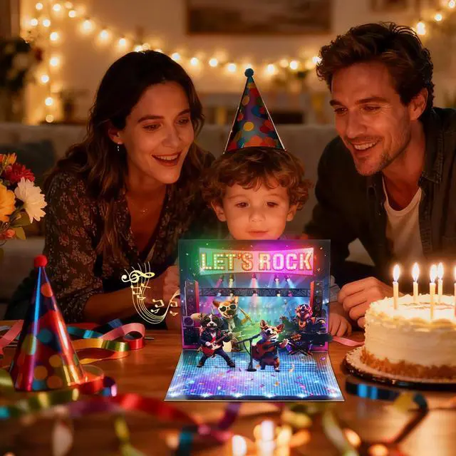 Alt view image 3 of 7 - 3D Pop Up Birthday Card, Dog Musical Birthday Card with Lights Play Birthday Song, Rock Dog Band, Funny Happy Birthday Card, Lights Dance, Birthday Gift For Women Men Kids Dad Father