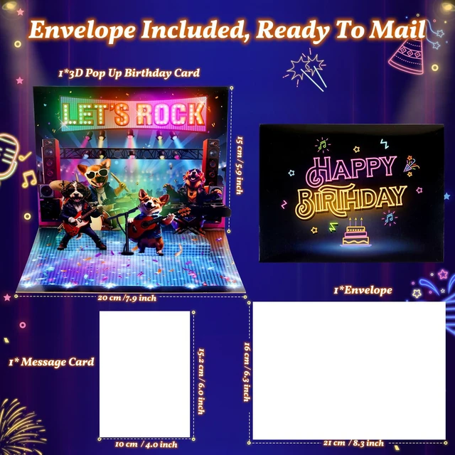 Alt view image 7 of 7 - 3D Pop Up Birthday Card, Dog Musical Birthday Card with Lights Play Birthday Song, Rock Dog Band, Funny Happy Birthday Card, Lights Dance, Birthday Gift For Women Men Kids Dad Father